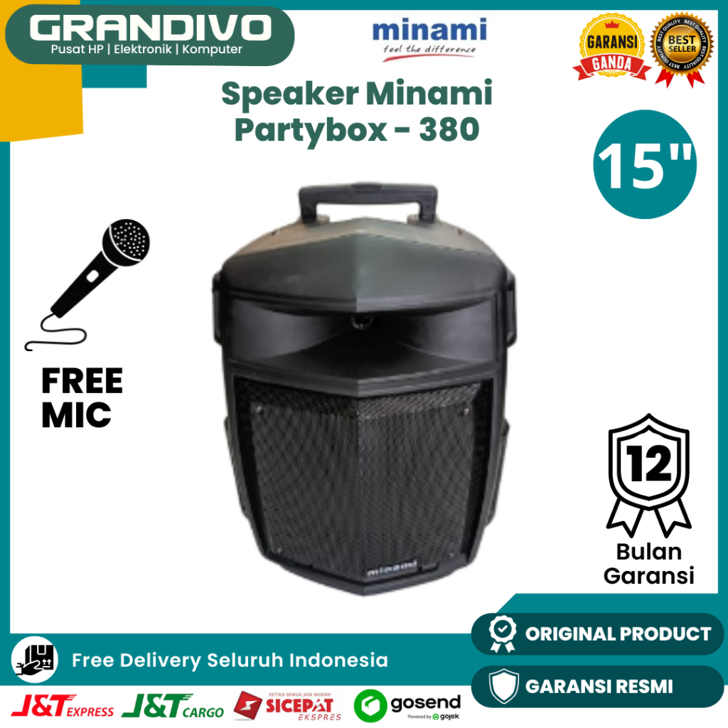 Speaker Portable Minami Partybox 380 Speaker Bluetooth 15 Inch Plus Mic Wireless Superbass - Grandiv