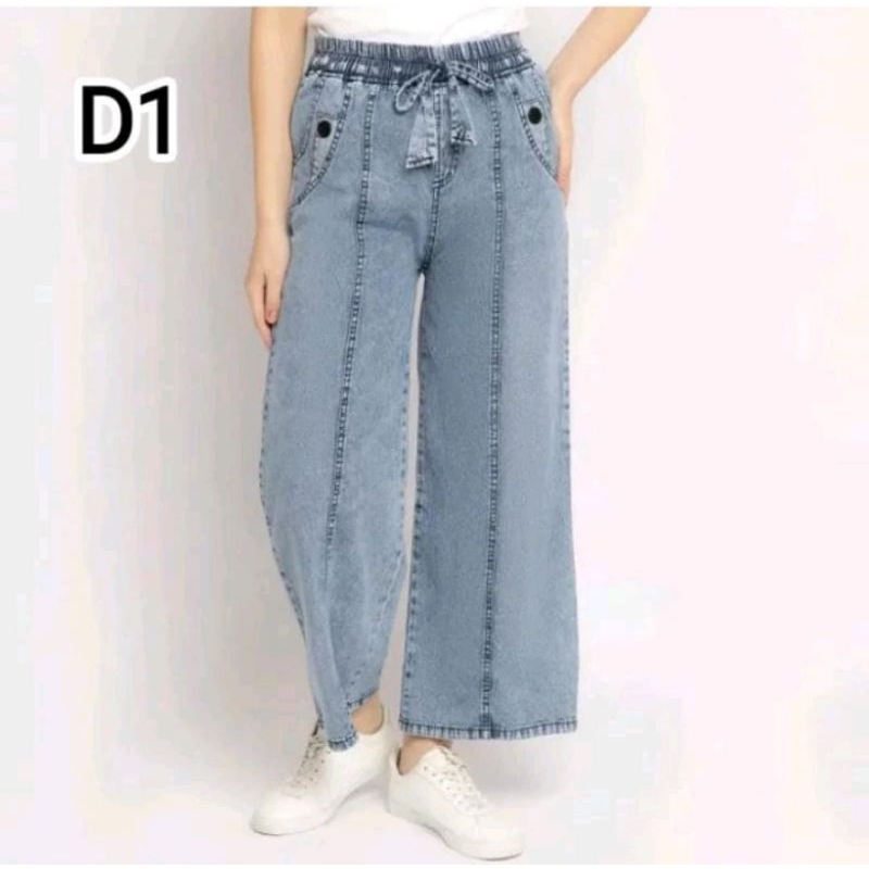 celana kulot jeans wanita palazzo denim bawahan jeans pinggang karet D1