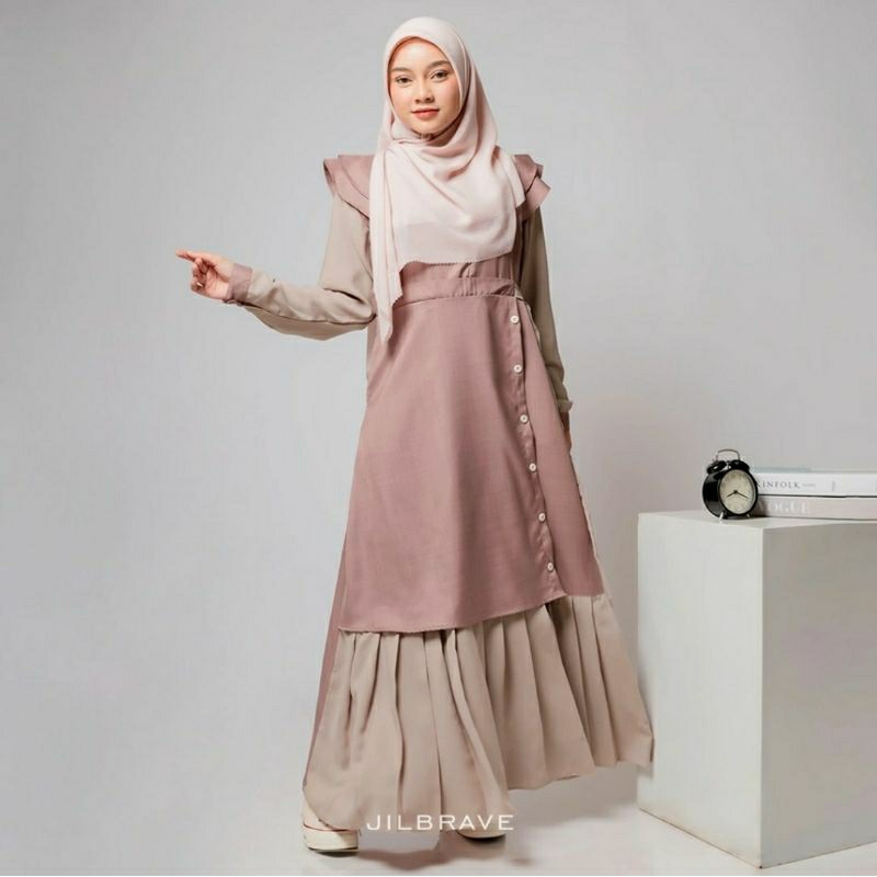 NOORA DRESS JILBRAVE Special Edition Motif Premium Raya Collection | Gamis Syari Kekinian Aksen Rok 