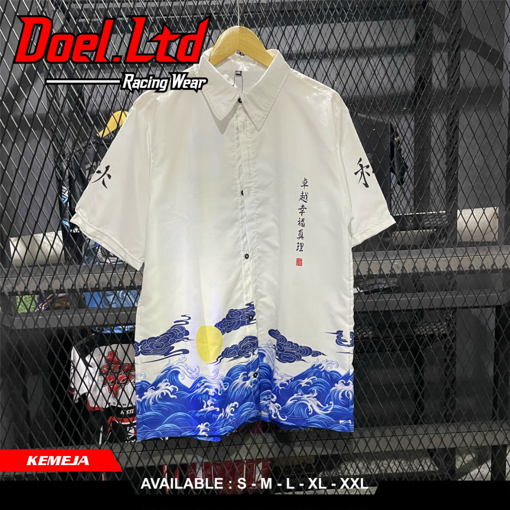 Kemeja Baju Kasual Japan Wave Full Print Lengan Pendek Kemeja Anime Warna Putih Hitam Unisex Doel