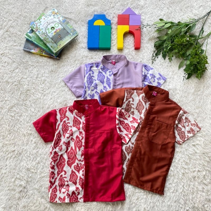 Esther Kemeja Hem Batik Anak Sadham Merah Terracotta Abu Ungu Kerah Koko Kombinasi Megamendung Polos