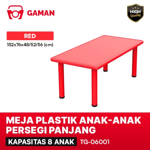 MEJA PLASTIK ANAK-ANAK PERSEGI PANJANG - 152x76x48/52/56 (cm) KAPASITAS 8 ANAK - MERAH - TG-06001