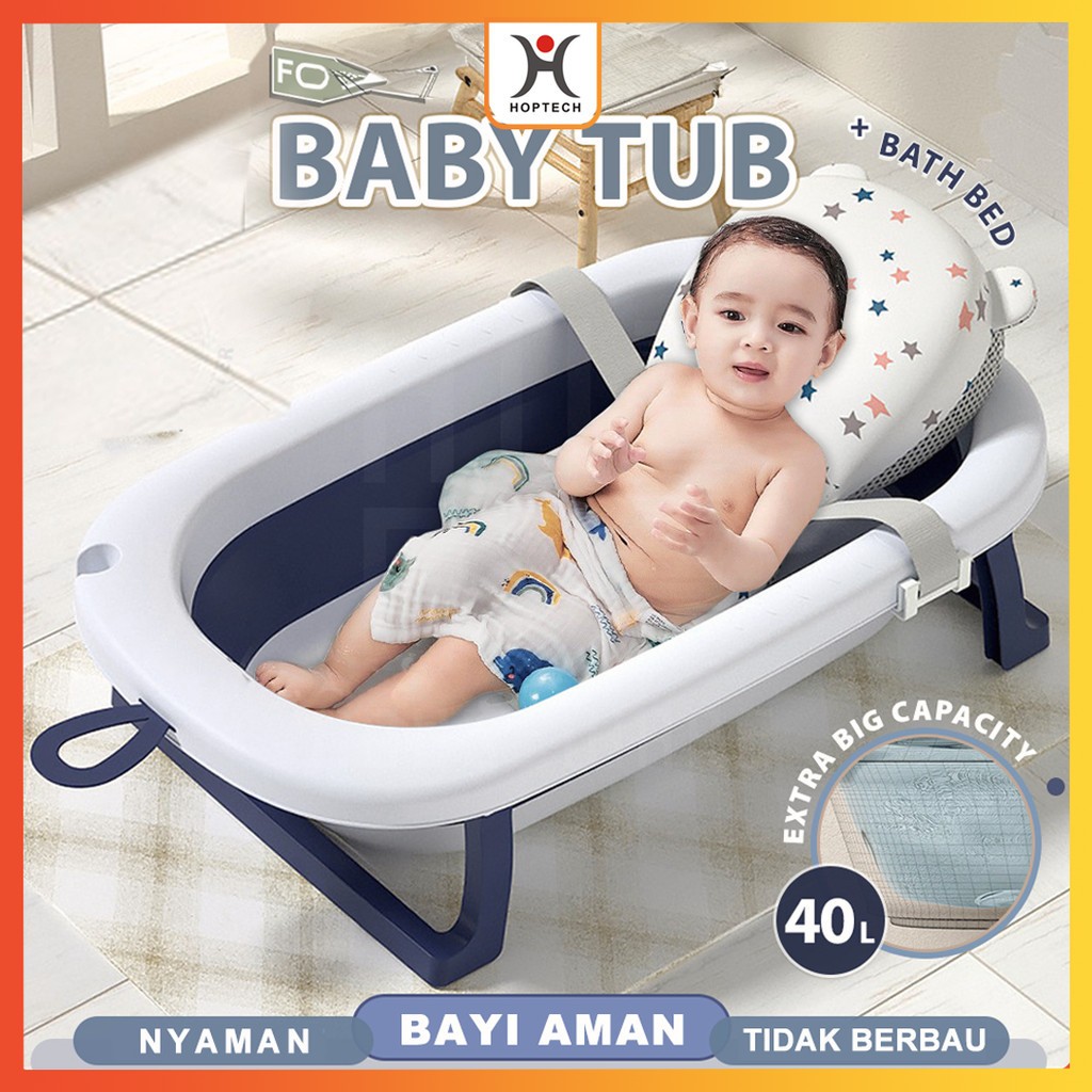 Hoptech - Bak Mandi Bayi Lipat Portable dengan Pengukur Suhu & Bantal Mandi | Foldable Baby Bath Tub