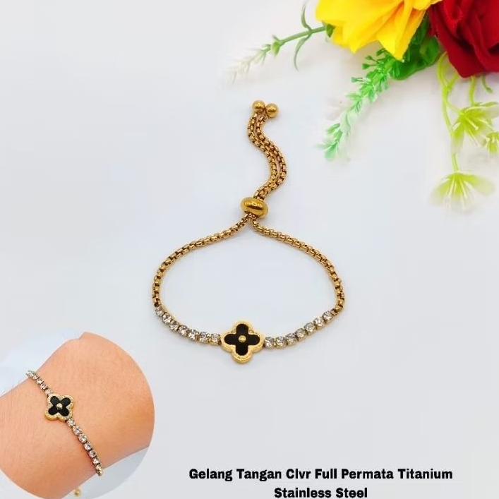 gelang serut clover mata hitam titanium wanita