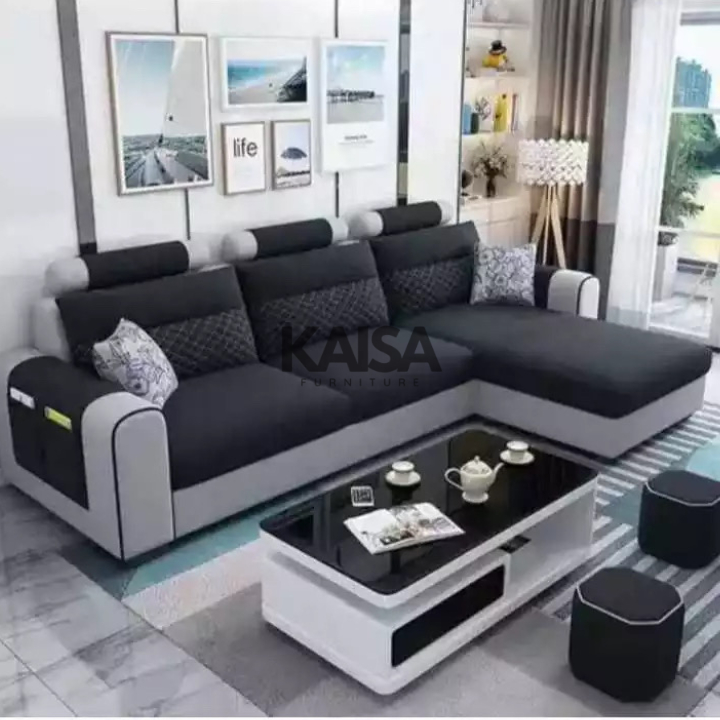 Sofa Minimalis Ruang Tamu model selonjor 3 seater 2 Puff