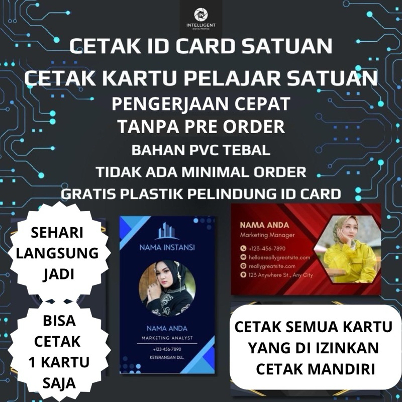 

Cetak ID Card Bahan PVC Satuan Custom ,Kartu member,Kartu Pelajar Dll.