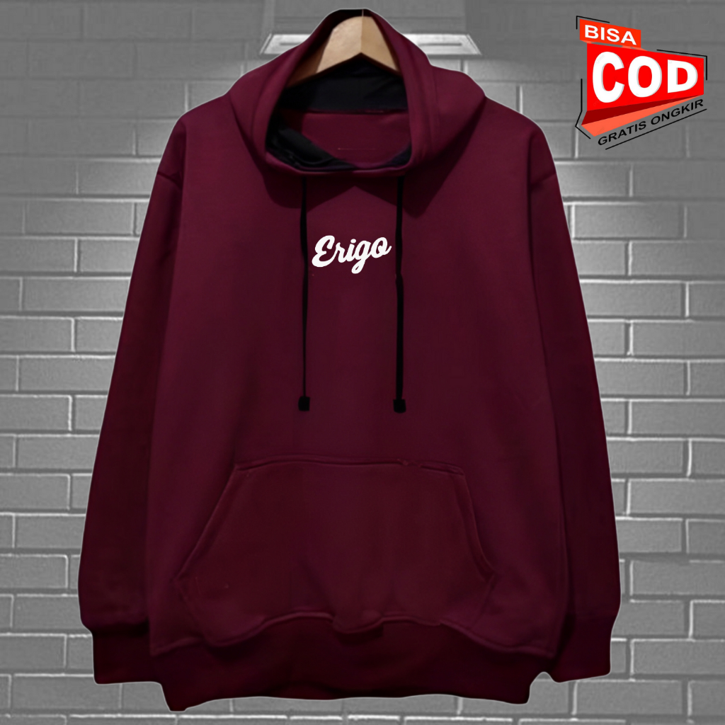 Jaket Hodi Pria Authentic Kekinian Warna Burgundy Sablon Erigo Sweater Hoodie Cewek/Cowok Big Size M