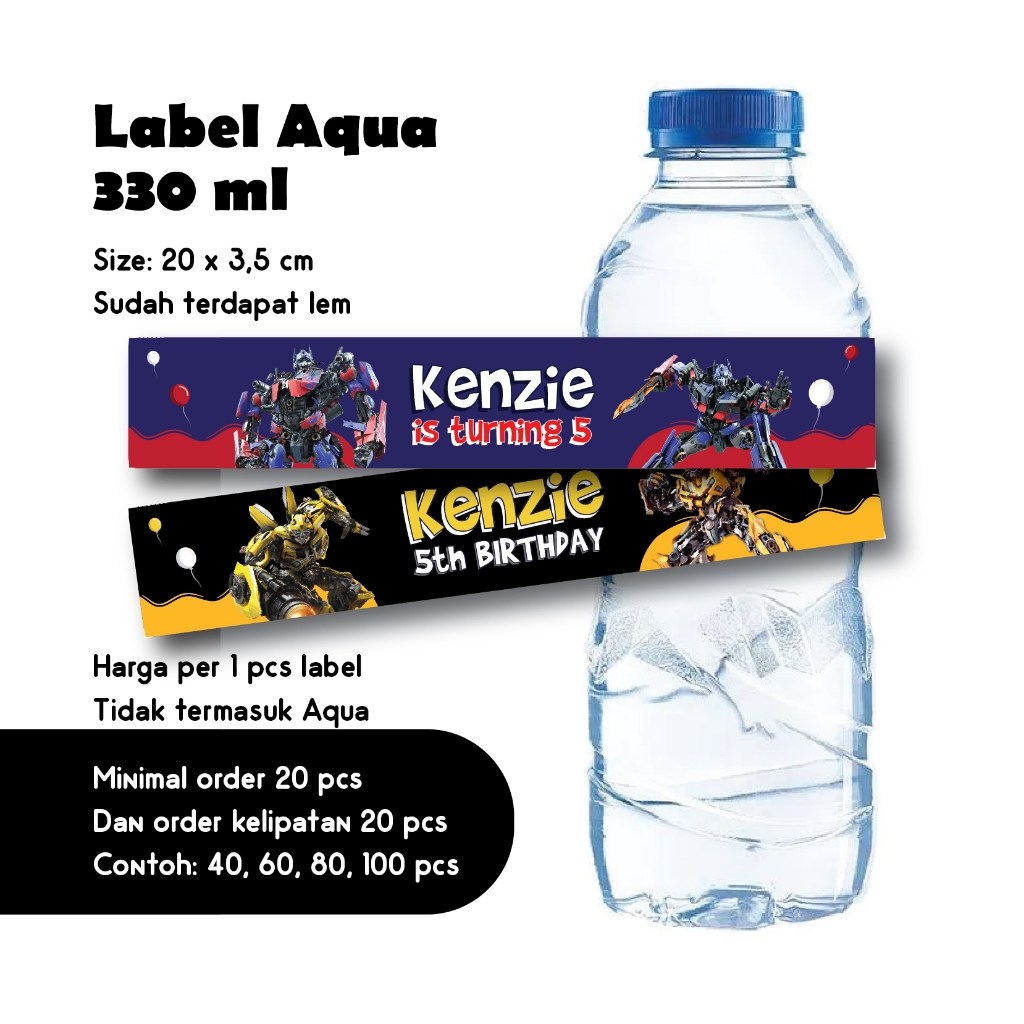 

LABEL AQUA 330ML TRANSFORMERS OPTIMUS PRIME BUMBBLE BEE CUSTOM NAMA BELT KERTAS AQUA UCAPAN ULANG TAHUN HAPPY BIRTHDAY DEKORASI ULTAH DEKOR HIASAN TABLE DEKOR GAME