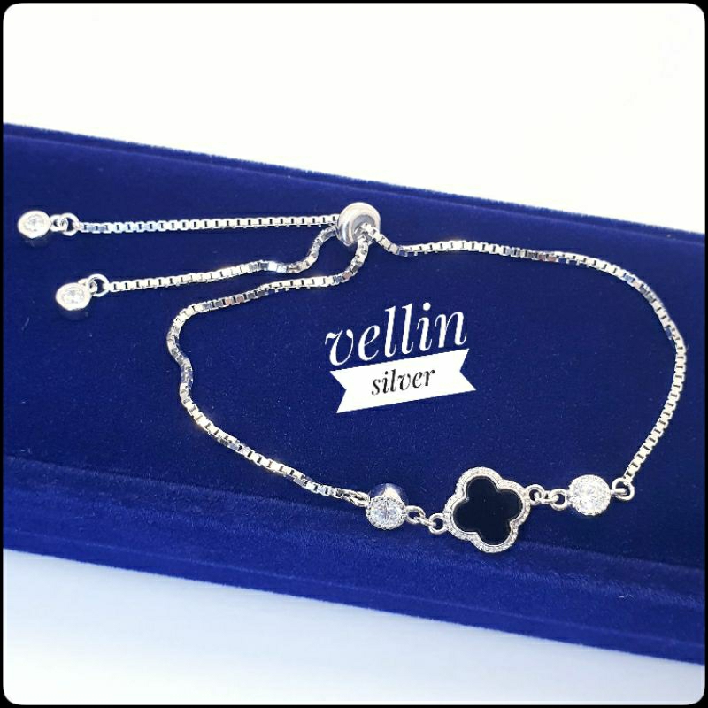 Gelang Tangan Vancleef Rantai Italy Serut Perak 925 Asli Lapis Emas Putih - Gelang Serut Clover Bung