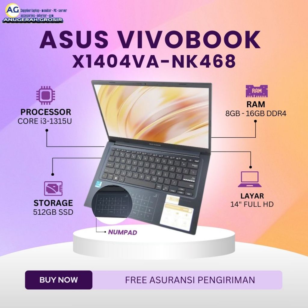 Laptop Asus VivoBook X1404VA-NK468 Core i3-1315U Ram 16Gb Ssd 512Gb 14" Full Hd - Laptop Asus Core i