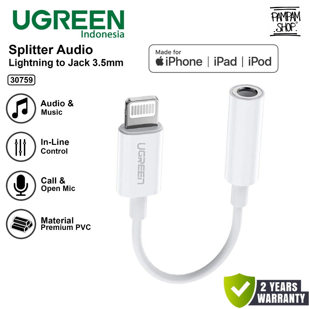 UGREEN 30759 Audio Converter Lightning to 3.5mm MFI Made For Iphone 8 8+ Plus X 11 12 13 14 Pro Max 