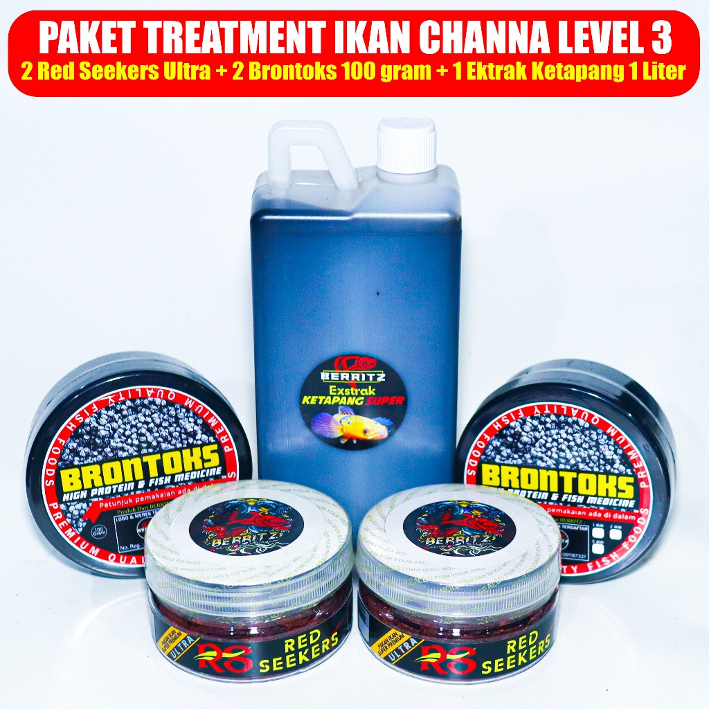 PAKET TREATMENT 3 Red Seekers Ultra Extrak Ketapang 1L dan Pelet Brontoks 100g [Pakan ikan channa]