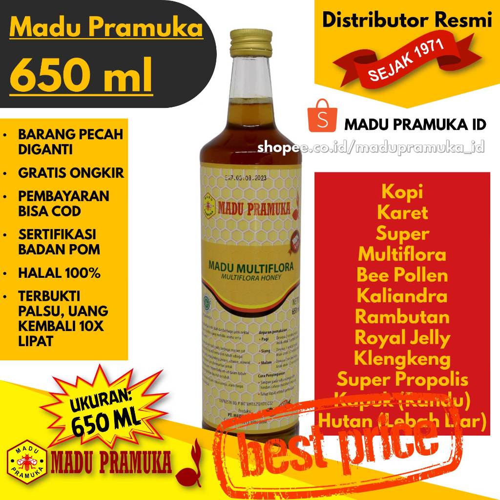 

Madu Pramuka 650ML 650 ML - Multiflora Royal Jelly Super Kapuk (Randu) Hutan (Lebah Liar) Bee Pollen Kaliandra Karet Klengkeng Kopi Super Propolis Rambutan - Asli Enak Original Alami Murni Murah - Resmi Star Seller