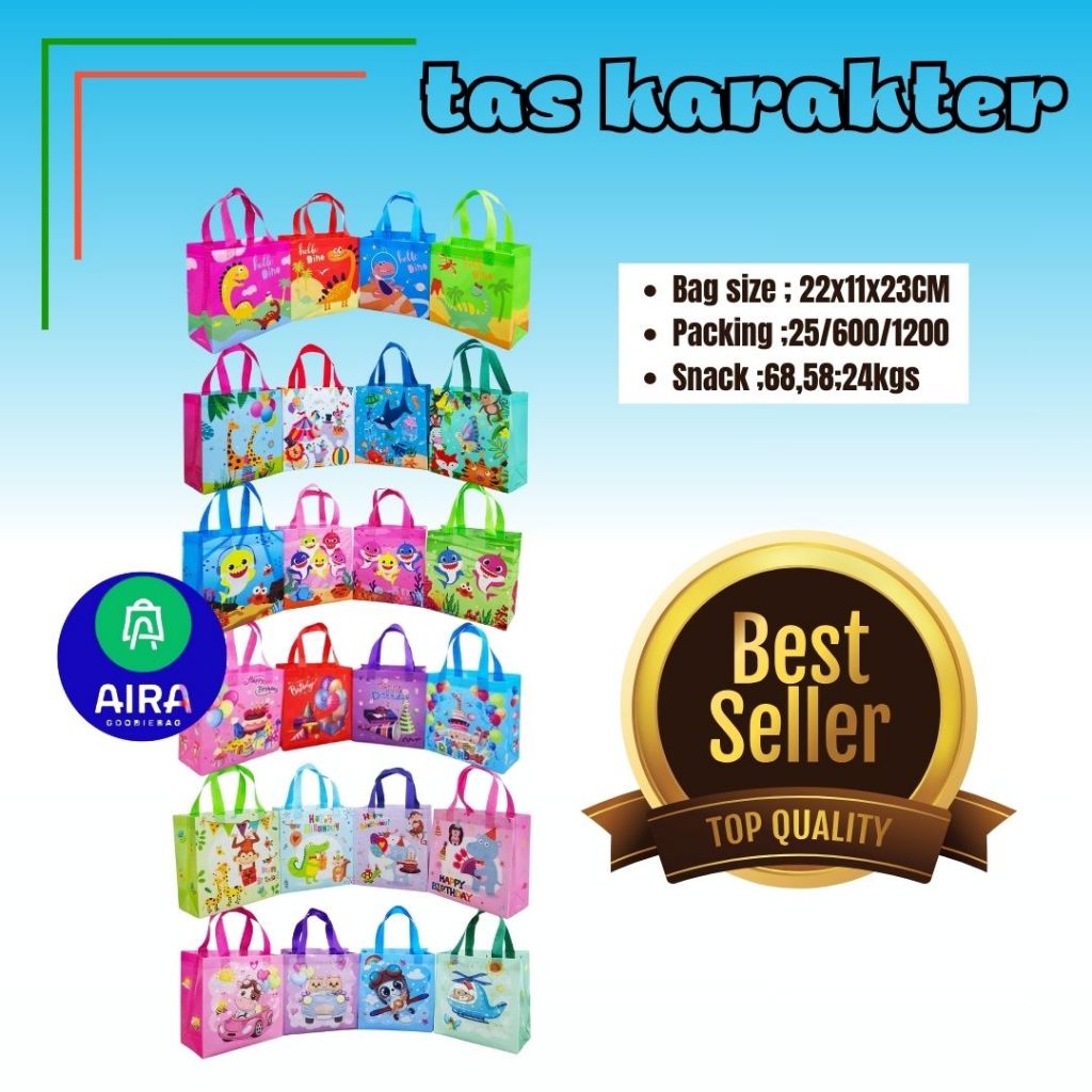 

SOVENIR ,TAS KARAKTER uk 22x11x23 ISI 10pcs tas ulang tahun,hampers,tas kado