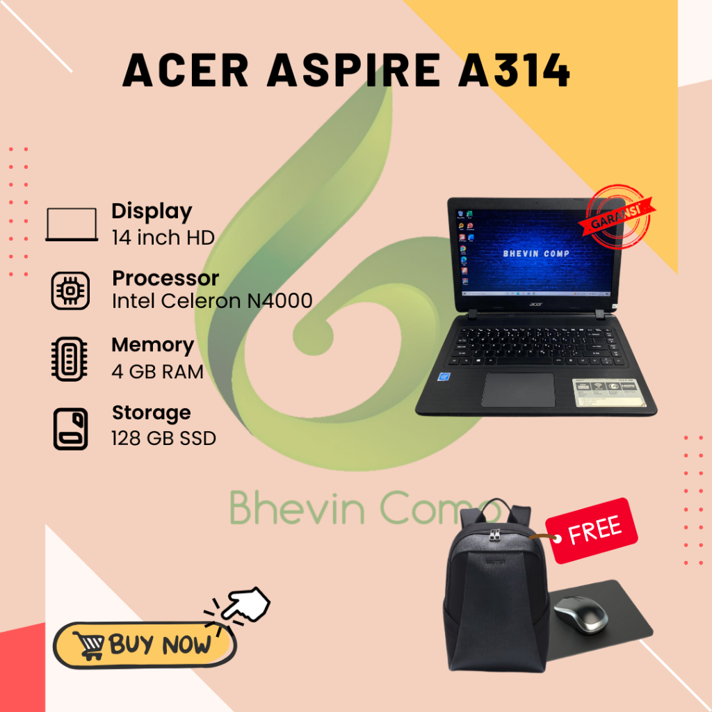 ACER ASPIRE A314 INTEL CELERON N4000 RAM 4GB SSD 128GB