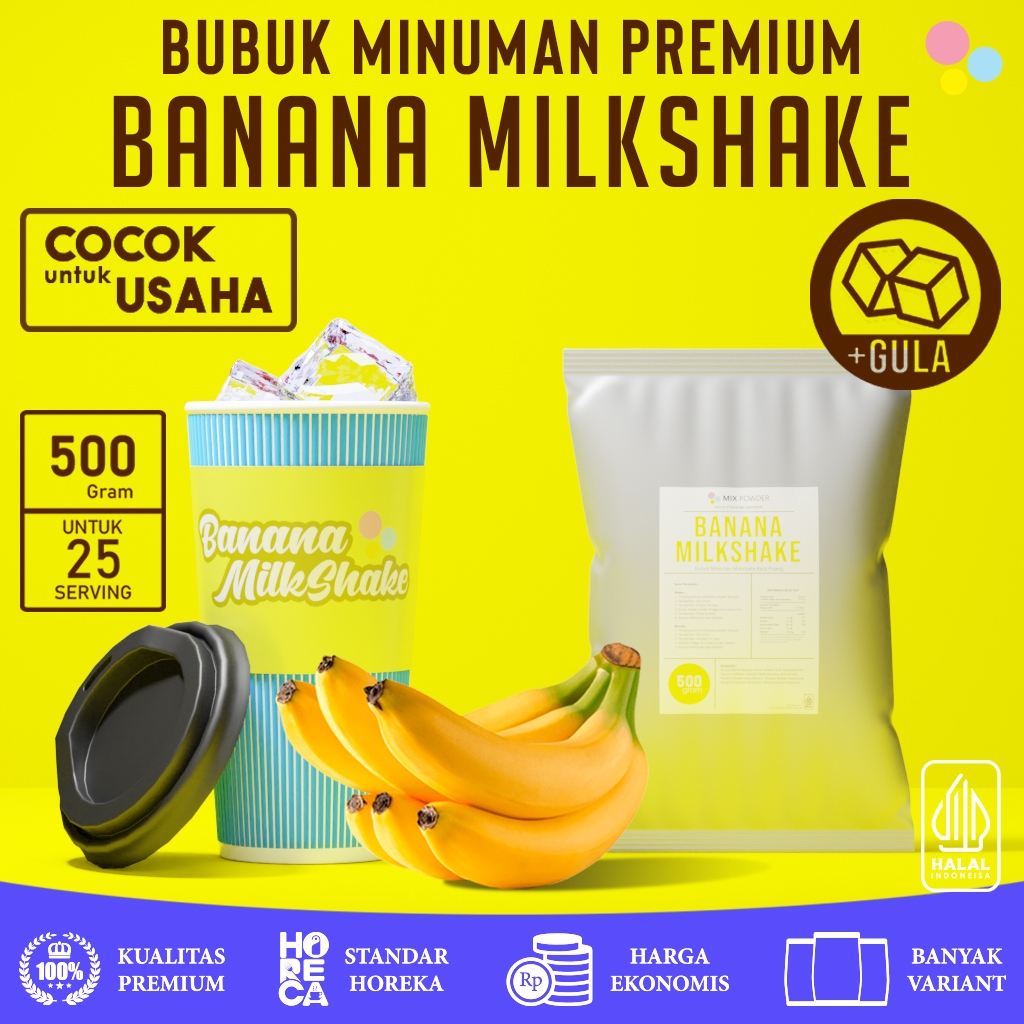 

Mix Powder Banana Milkshake Bubuk Minuman Rasa Pisang Based Milk Shake Instan Drink Kemasan 500 Gram