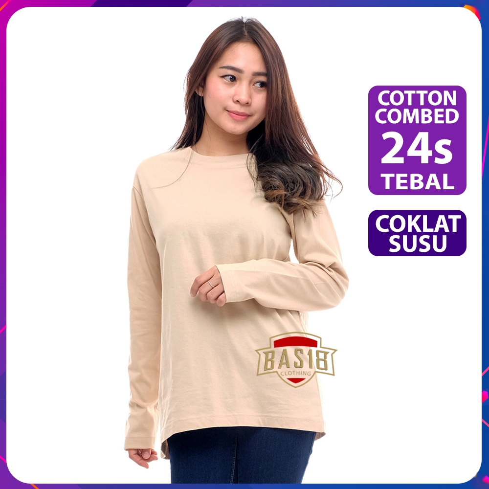 Kaos Polos 24s Cotton Combed Premium Asli Coklat Susu Lengan Panjang