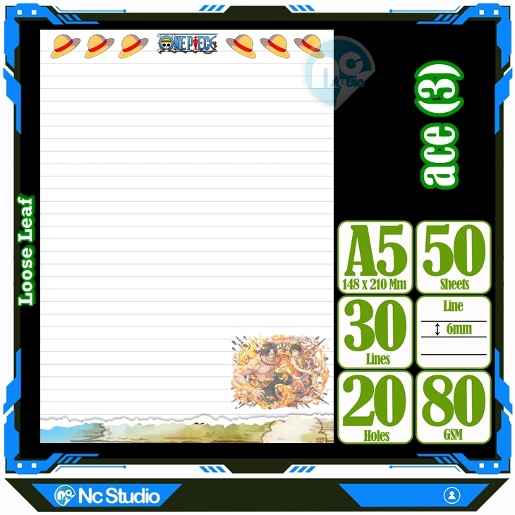 

Loose leaf Kertas binder A5 Isi 50 Lembar Polos karakter Ace One Piece Anime Kartun Buku Refil isi ulang Repil Vol-1