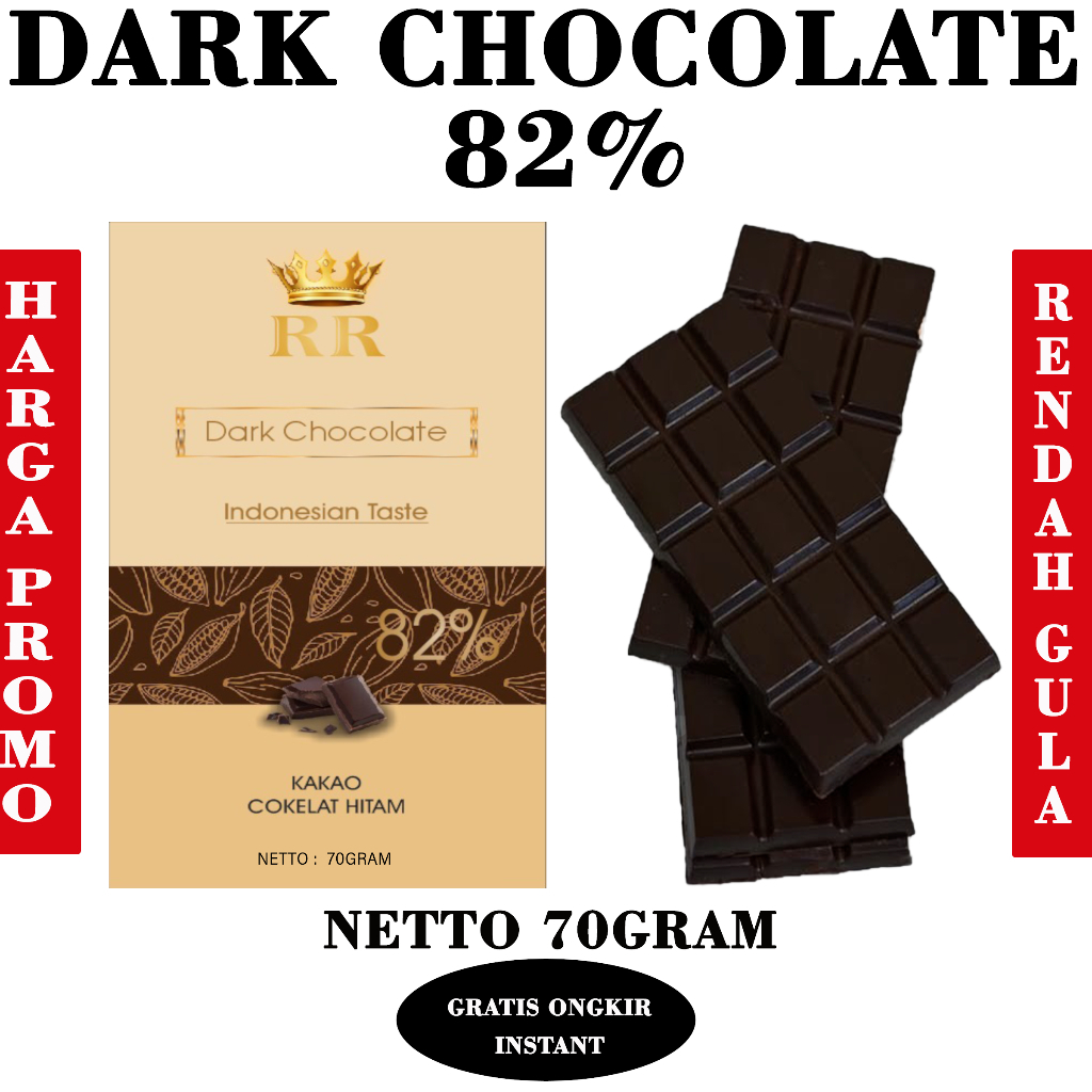 

82% Dark Chocolate Bar Netto 70gram. Rendah lemak, Rendah gula, Coklat diet, vegan, diabet!