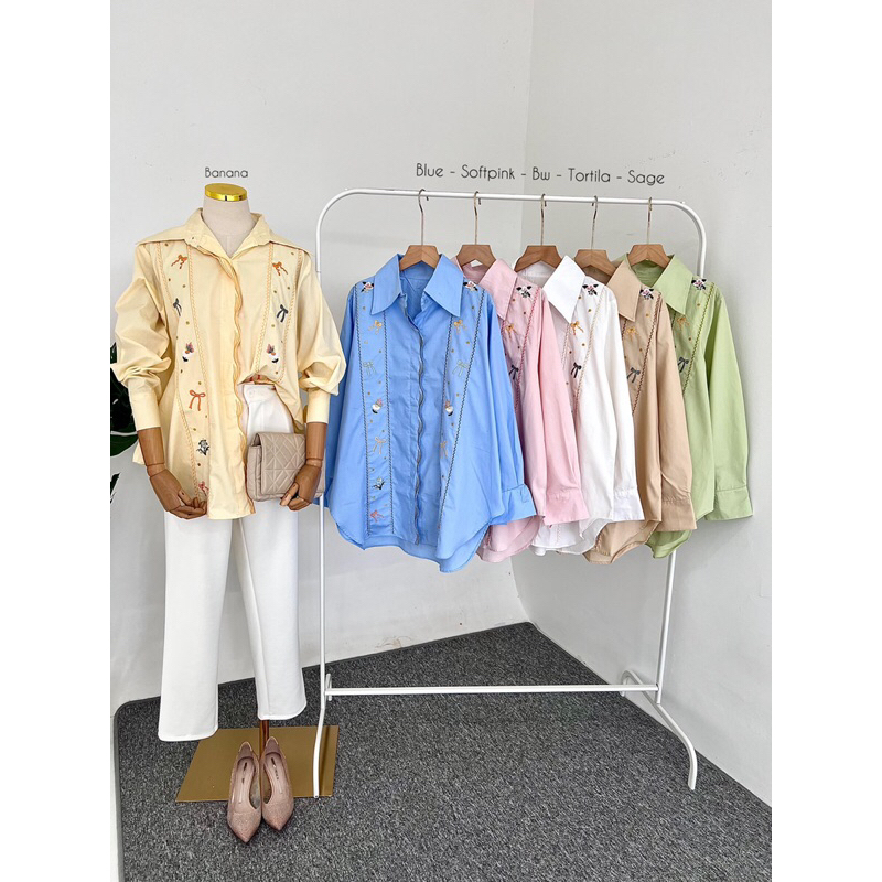 Kemeja Wanita Kekinian Bahan Katun Anna Bordir Hitam Olive Maroon Putih Oversize