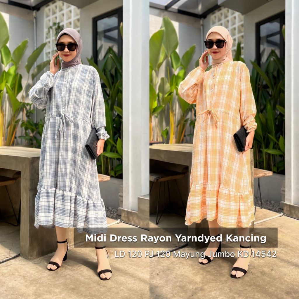 KD 14542 (isi 2) ASYA Jumbo Midi Dress Rayon Yarndyed Kancing Lebar Mayung Premium Motif Kotak Canti