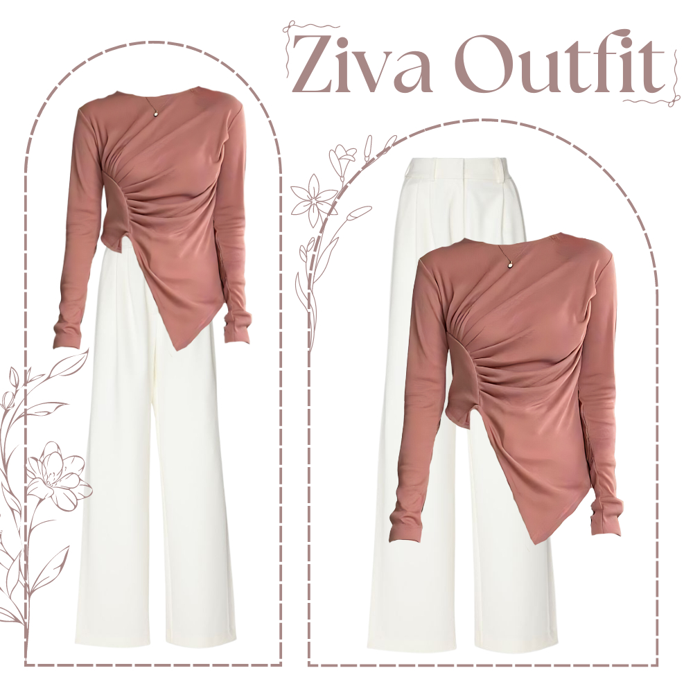 One Set 2in1 Korean Outfit Wanita Kekinian | Blouse Coklat Mocca | Celana Higwaist Panjang EA42 Ziva