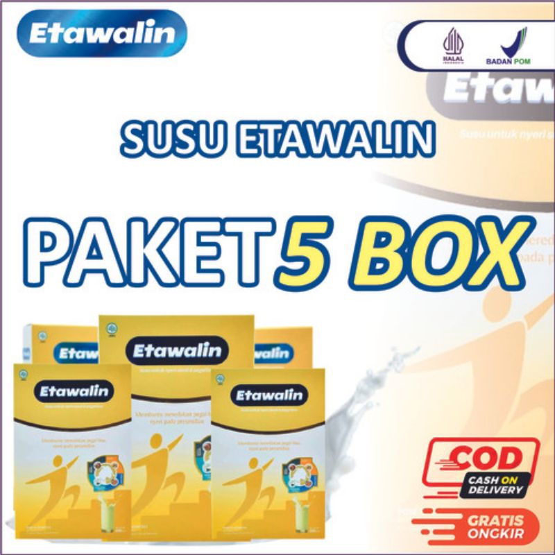 

SUSU ETAWALIN ASLI ORIGINAL PAKET 5 BOX - SUSU KAMBING ETAWA ATASI NYERI SENDI TULANG & ASAM URAT
