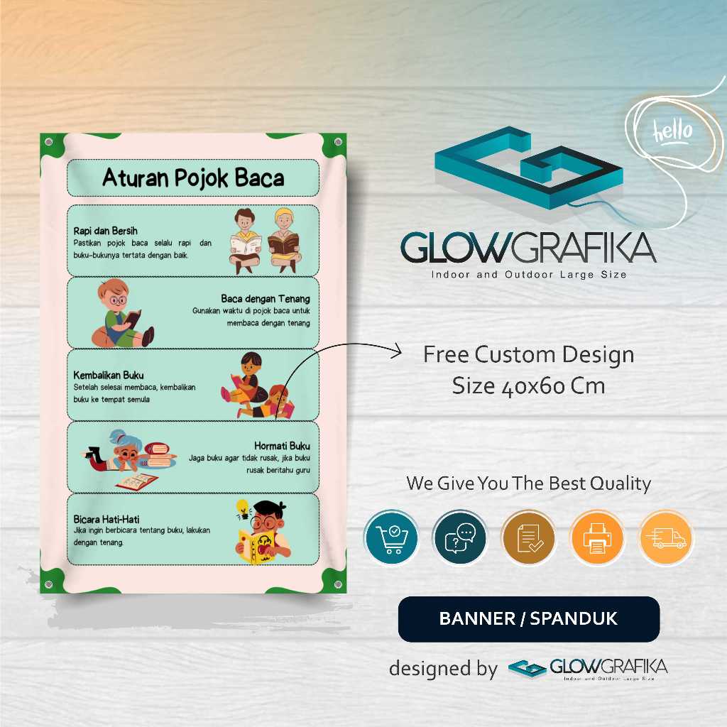 Cetak Spanduk Banner Pendidikan Hijau dan Krem Ilustrasi Aturan Pojok Baca