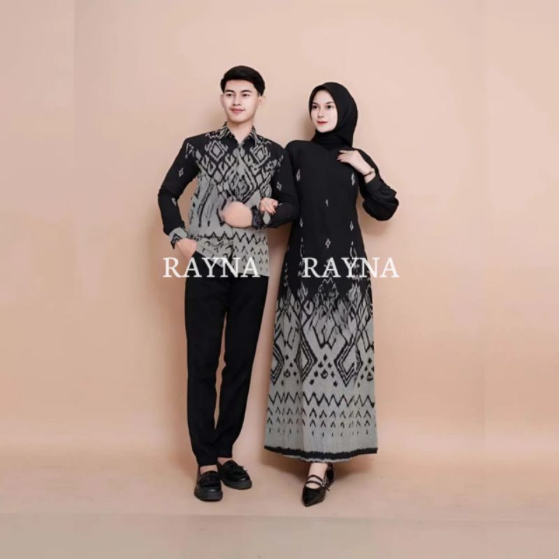 SET PAKAIAN COUPLE TENUN BAJU MUSLIM GAMIS GAUN DRES TENUN KEMEJA TENUN COUPLE PASANGAN HITAM RAYNA 