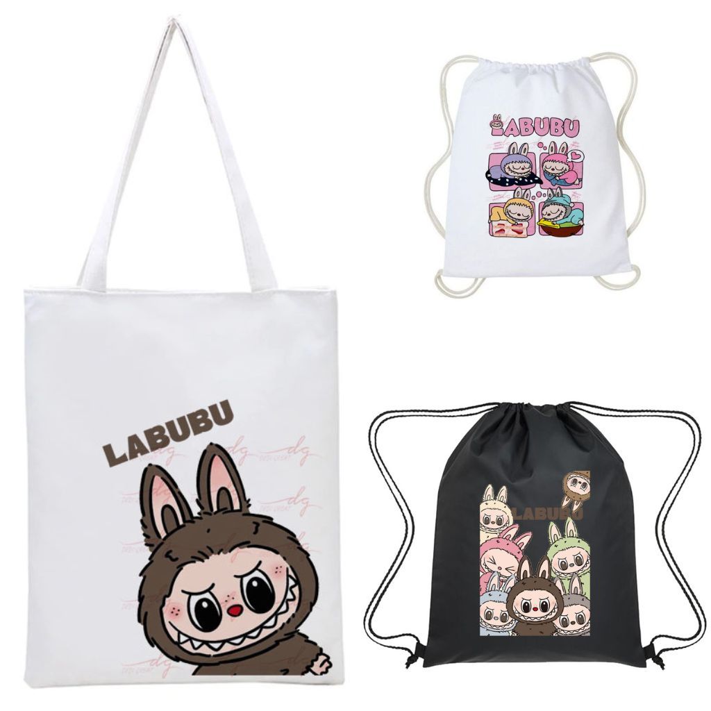 Totebag Labubu Pop Mart Lucu Tas Serut Kanvas Wanita Aesthetic Hitam