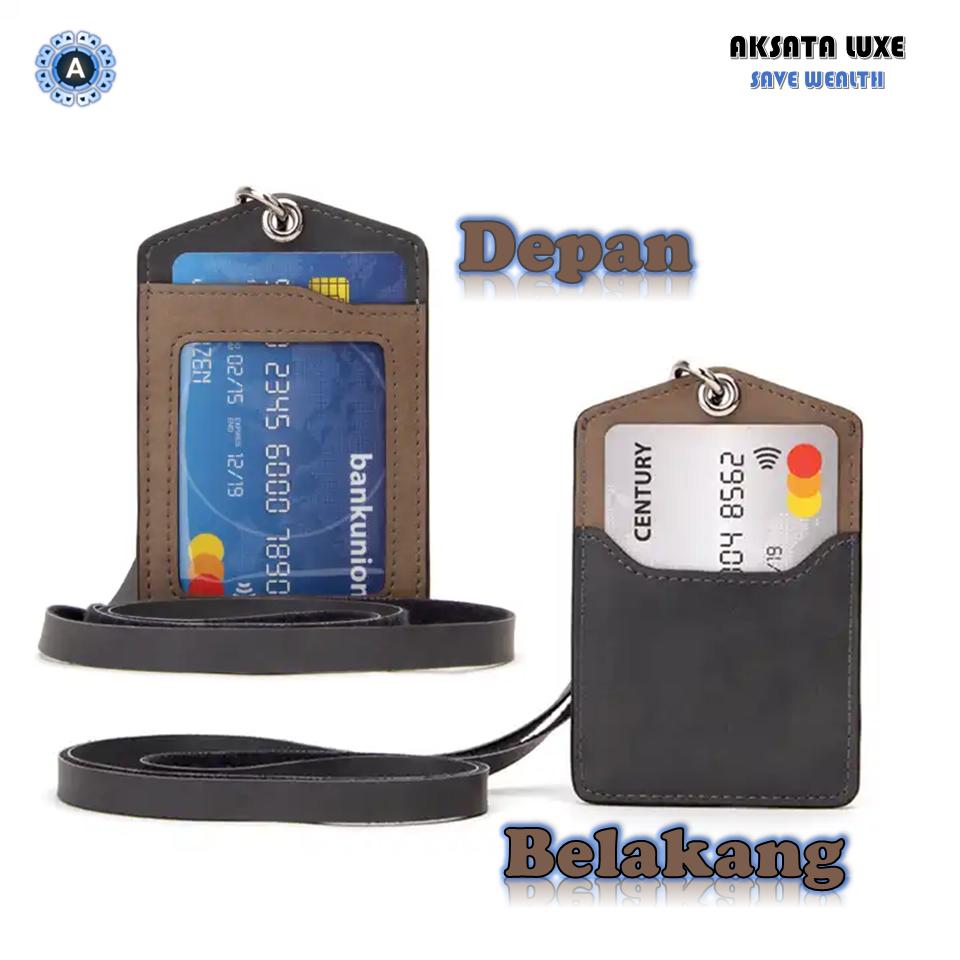 

Aksata Luxe ID Card Holder Karyawan Kulit PU lanyard Coklat Abu Tempat kartu Pengenal