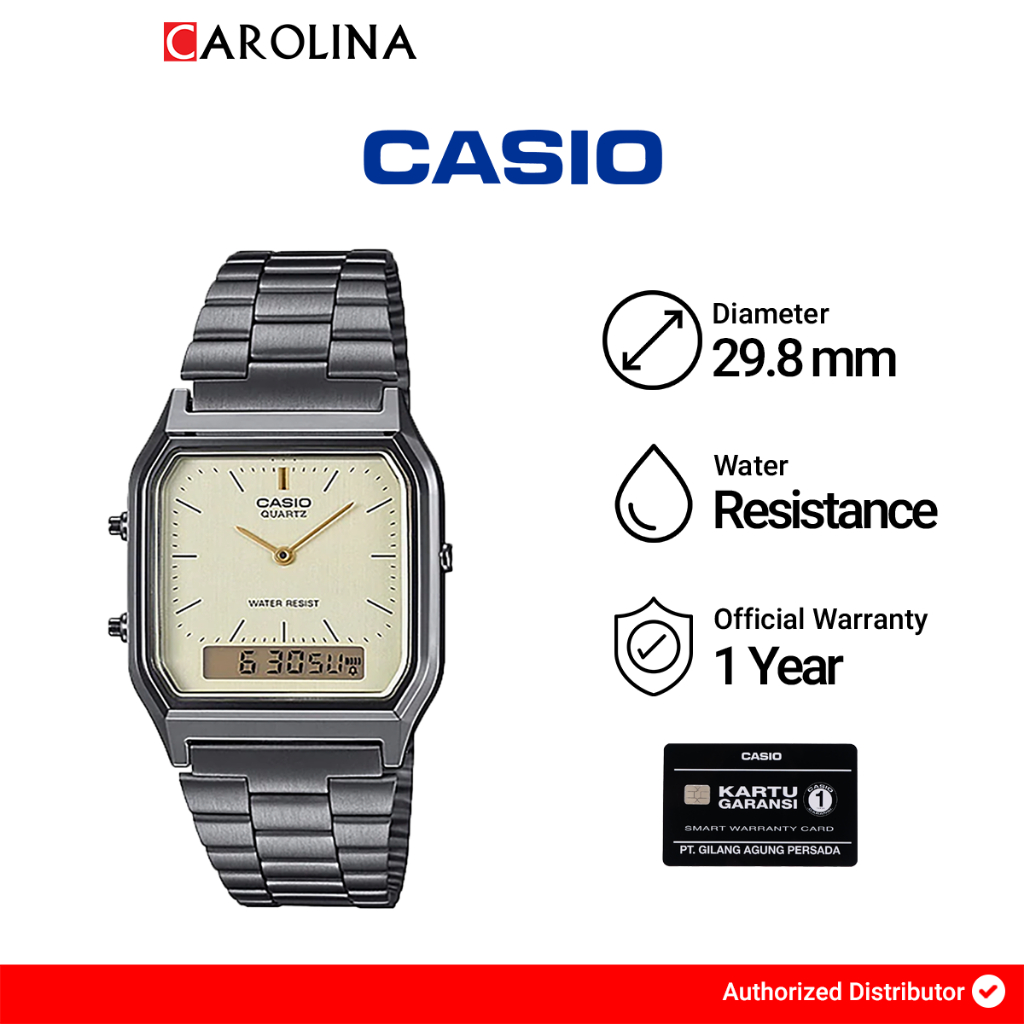 Jam Tangan Pria CASIO General AQ-230GG-9A Vintage Beige Digital Analog Dial Stainless Steel Band