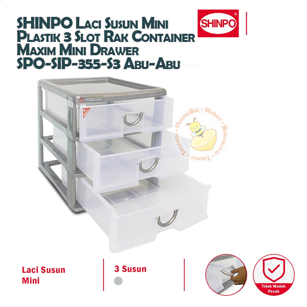 SHINPO Laci Susun Mini Plastik 3 Slot Rak Container Maxim Mini Drawer SPO-SIP-355-S3 Abu-Abu