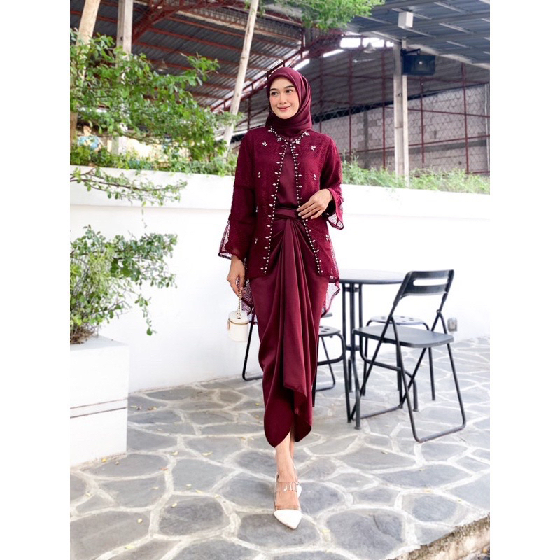 Gamis Kombinasi Outer Brukat Zefanya Dress - One Set 3 in 1 Brokat Halus - Outfit Kondangan Muslim G