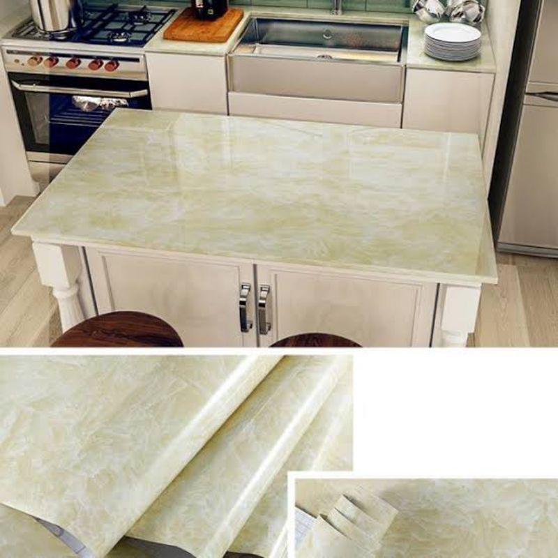 Wallpaper Sticker Dinding Glossy Marmer Marble Krem Dekorasi Dinding Dapur Kitchen Set Kamar Mandi