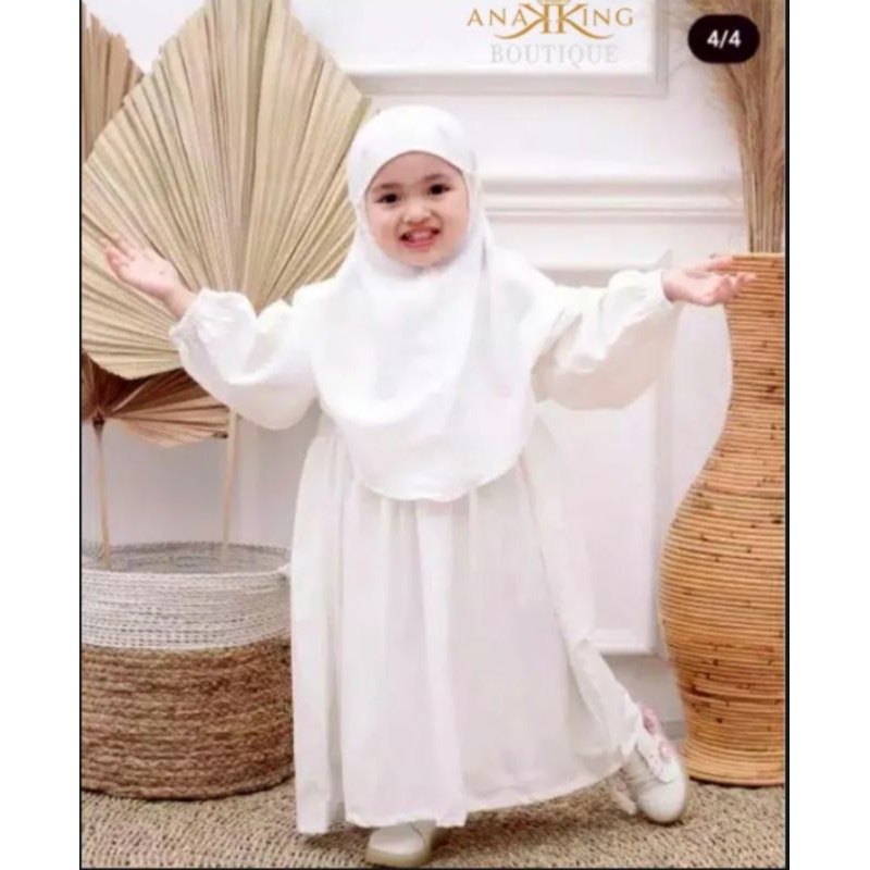 Gamis Anak Perempuan Syari Lengan Panjang warna Putih Set Khimar Terbaru Polos Muslim Kekinian Murah