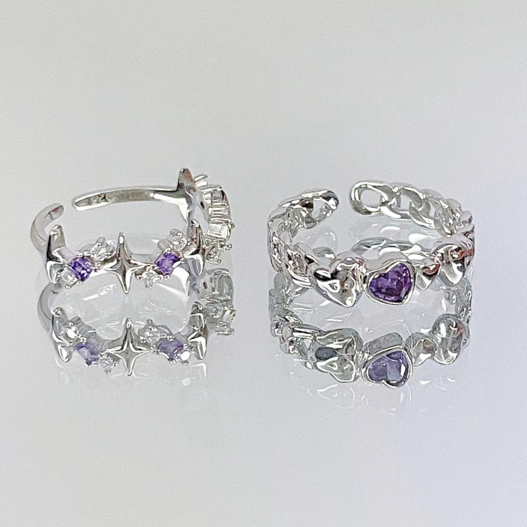 Aurel - Ring Set 2 Pcs Cincin Wanita Adjustable Silver Simple Mewah Aesthetic Aksen Zircon Diamond B