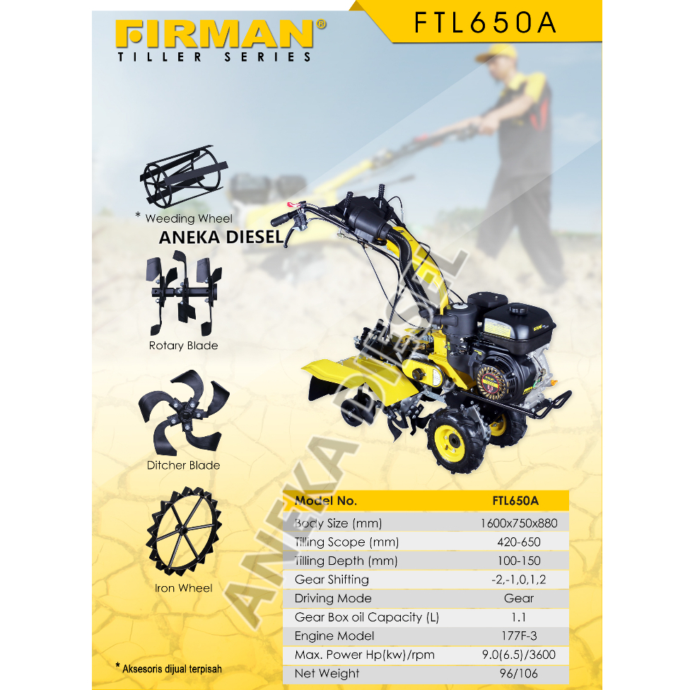 Mesin Bajak Sawah Traktor Solar FIRMAN FTL 650A FIRMAN Engine 177F - 3 Cultivator Tiller Machine FTL