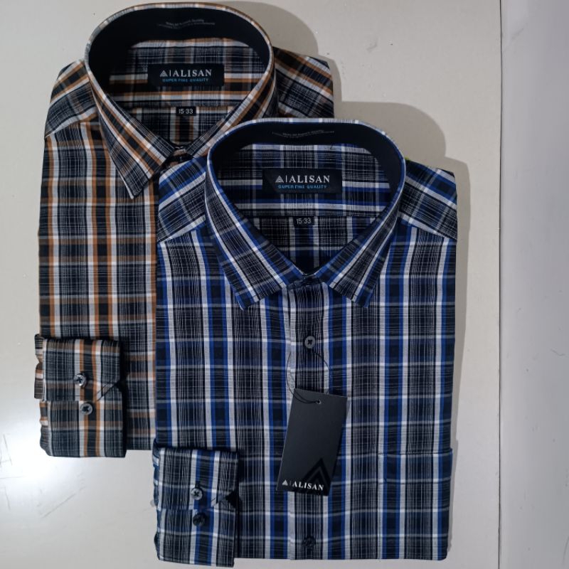 Alisan Kemeja Pria Motif Kotak Garis Lengan Panjang Reguler Biru/Coklat