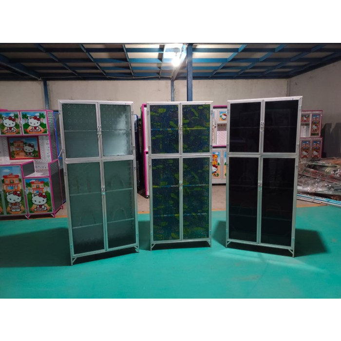 lemari rak piring pintu 2 jumbo kaki model kaca polos/film belakang seng/minimalis