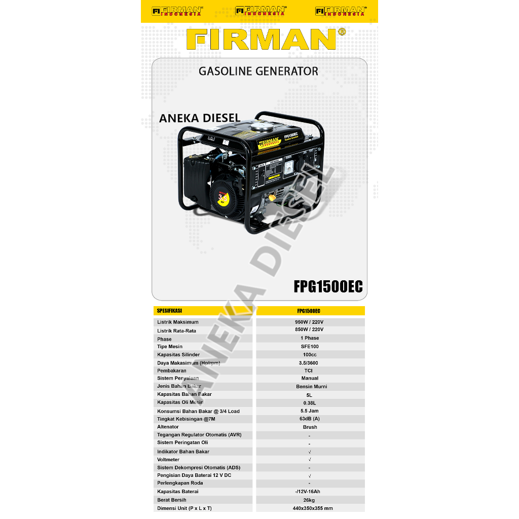 Mesin Genset 950W FIRMAN FPG 1500ECII Gasoline Generator 950W FPG 1500ECII FIRMAN Pembangkit Listrik