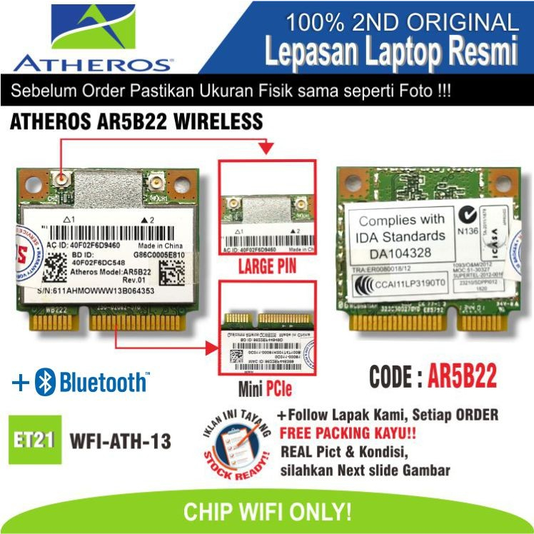 ET21 WFI-ATH-13 Card WiFi Chip Laptop Notebook ATHEROS AR5B22 WIRELESS