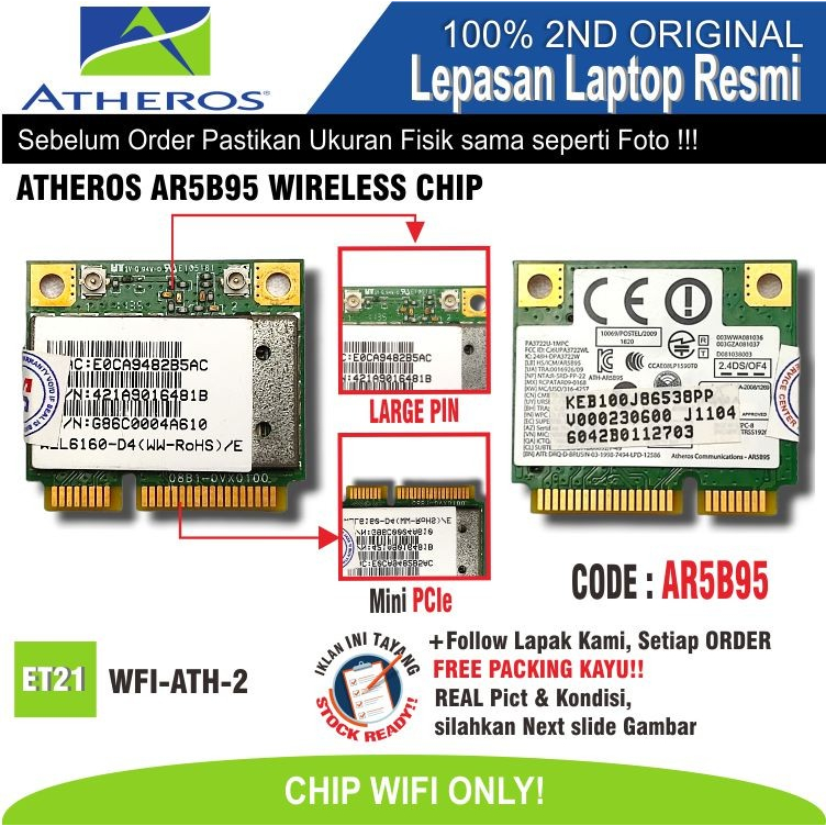 ET21 WFI-ATH-2 WiFi Chip Laptop Netbook ATHEROS AR5B95 WIRELESS CHIP