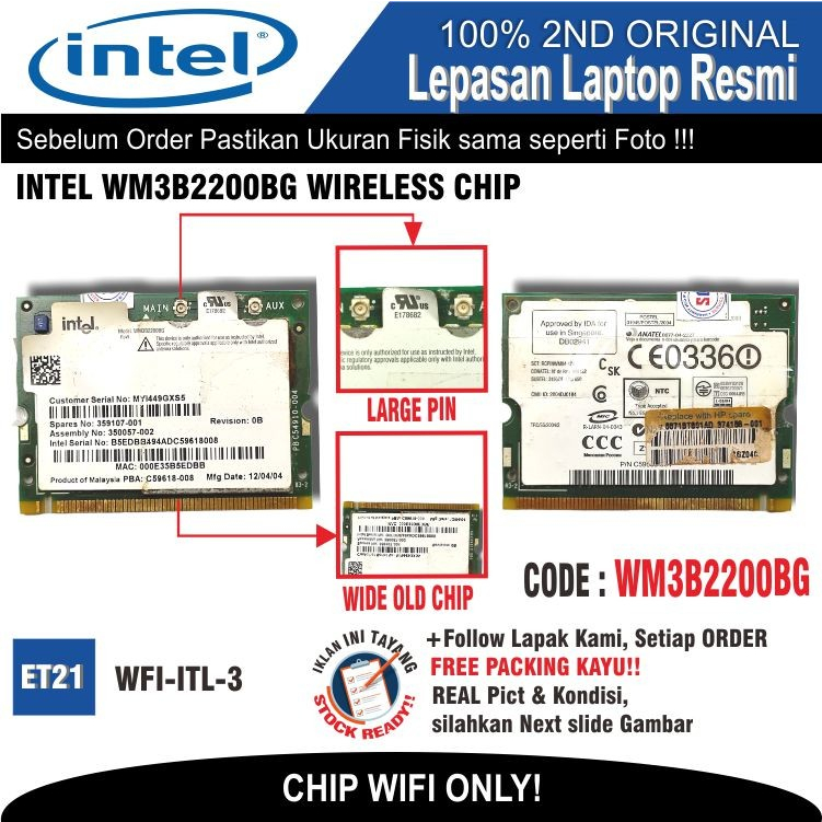 ET21 WFI-ITL-3 WiFi Chip Laptop INTEL WM3B2200BG WIRELESS CHIP