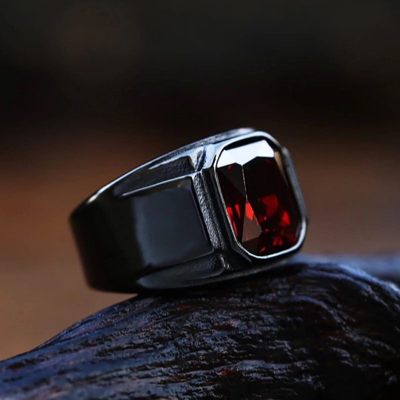 Cincin Pria Black Titanium Batu Red Ruby Merah Dark Kekinian