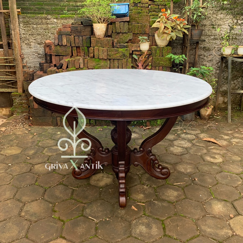 meja makan jati klasik top marmer carara bulat meja makan ukiran antik top marmer