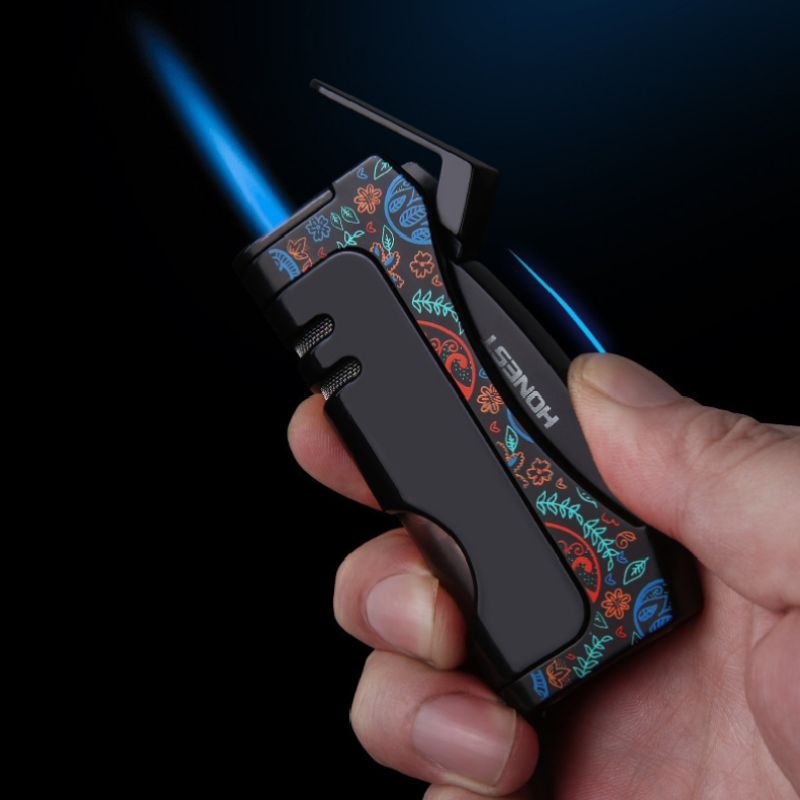 Metal Windproof Butane Gas Lighter Visual Oil Bin Jet Blue Flame With Cigar Cutter Special Lighter S