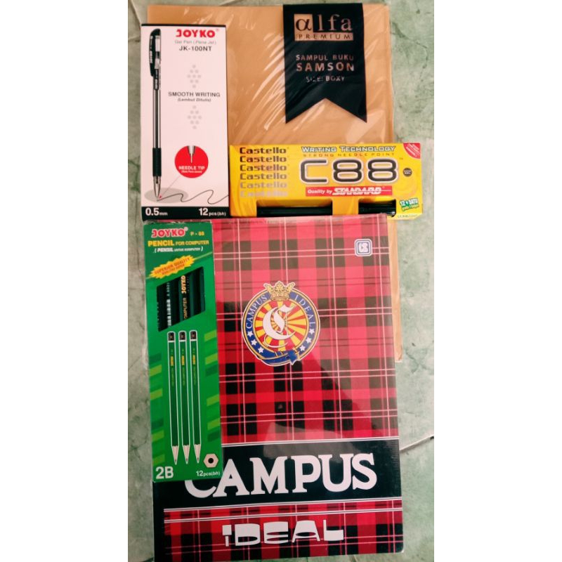 

PAKET ATK BUKU CAMPUS+PEN JOYKO+PEN STANDAR+PENSIL JOYKO +SAMPUL COKLAT BESAR