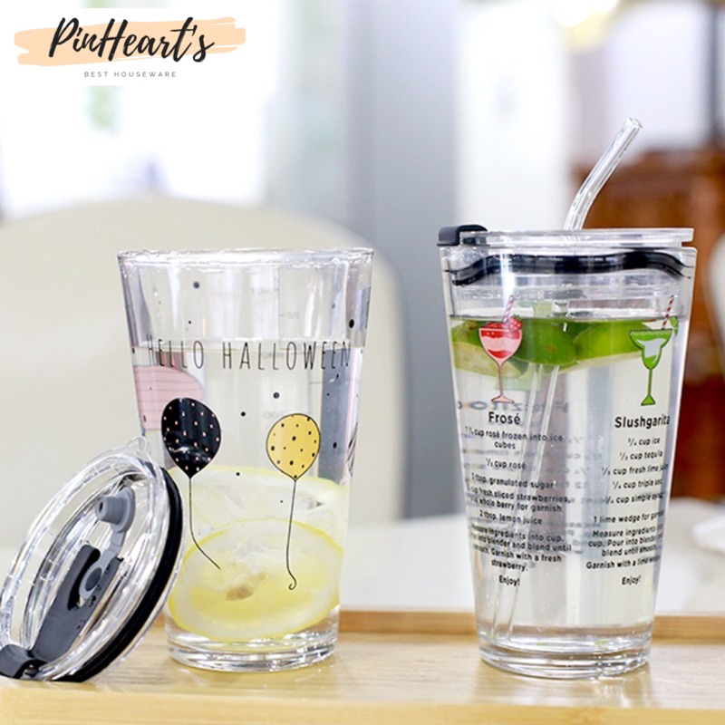 GELAS KACA TUMBLER AESTHETIC DENGAN MOTIF + SEDOTAN KACA TRANSPARAN TAHAN PANAS / TUMBLER CUP COFFEE