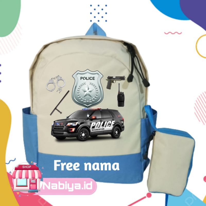 TAS RANSEL BACKPACK ANAK SEKOLAH COSTUME GAMBAR MOBIL POLISI DENGAN SENJATA FREE NAMA UNISEX